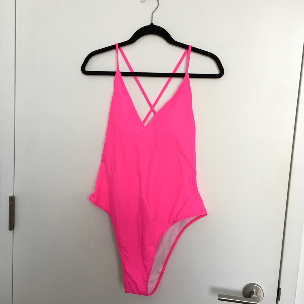 NEON hot Pink Criss Cross Backless One pc Swimsuit